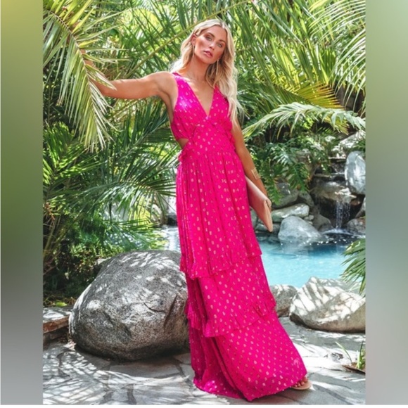 NWT Pink Tiered Shimmer Metallic Dress size Large - Picture 1 of 11